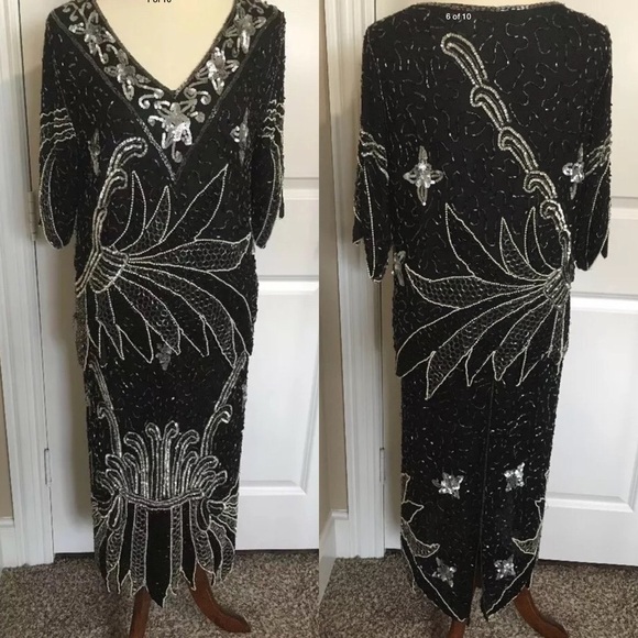 Linsiano Womens Vtg Medium Silk Black Silver Sequins Beads Pearls VLV Formal - Picture 1 of 8